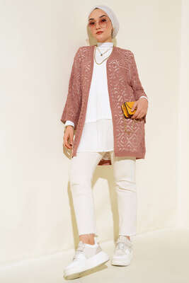 Yarasa Kol Dantel Hırka Gül Kurusu - Triko Hırka