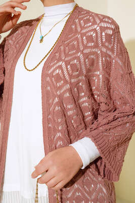 Yarasa Kol Dantel Hırka Gül Kurusu - Triko Hırka