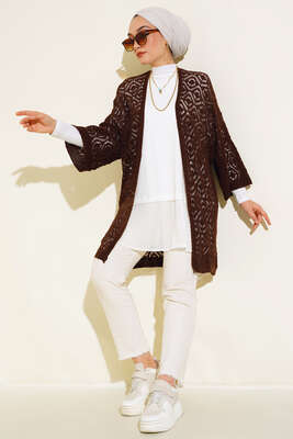 Yarasa Kol Dantel Hırka Kahve - Triko Hırka