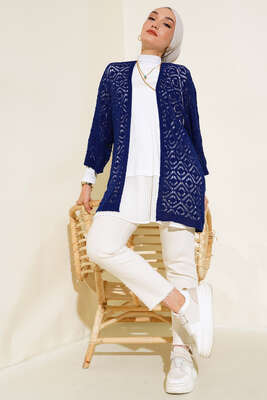 Yarasa Kol Dantel Hırka Lacivert - Triko Hırka