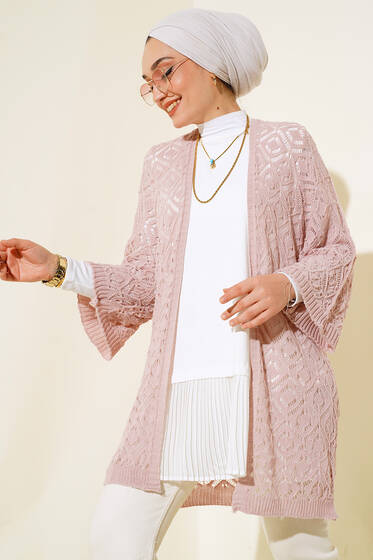 Yarasa Kol Dantel Hırka Pudra - Hırka