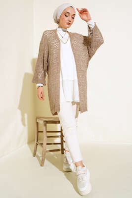 Yarasa Kol Dantel Hırka Vizon - Triko Hırka