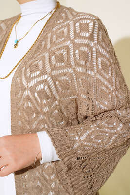 Yarasa Kol Dantel Hırka Vizon - Triko Hırka