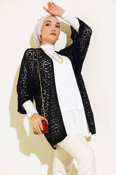 Yarasa Kol Dantel Hırka Siyah - Hırka