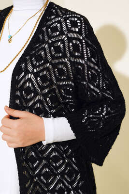 Yarasa Kol Dantel Hırka Siyah - Triko Hırka