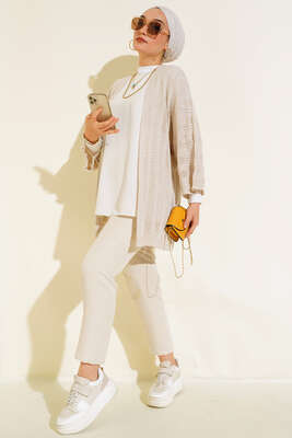 Yarasa Kol Delikli Hırka Bej - Triko Hırka