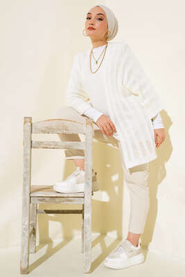 Yarasa Kol Delikli Hırka Ekru - Triko Hırka