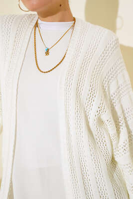 Yarasa Kol Delikli Hırka Ekru - Triko Hırka