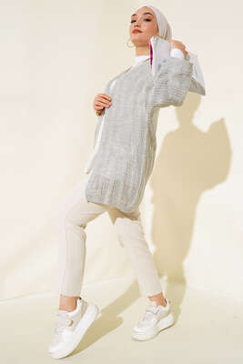 Yarasa Kol Delikli Hırka Gri - Triko Hırka