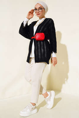 Yarasa Kol Delikli Hırka Siyah - Triko Hırka