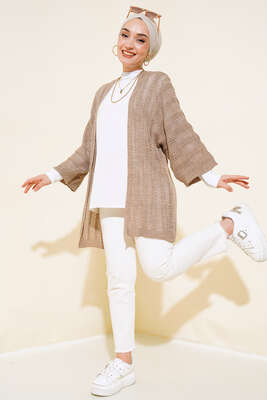 Yarasa Kol Delikli Hırka Vizon - Triko Hırka