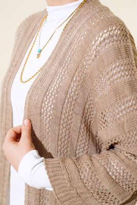 Yarasa Kol Delikli Hırka Vizon - Triko Hırka