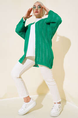 Yarasa Kol Delikli Hırka Yeşil - Triko Hırka