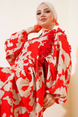 Yarasa Kol Desenli Kat Elbise Alizarin - Tesettür Elbise