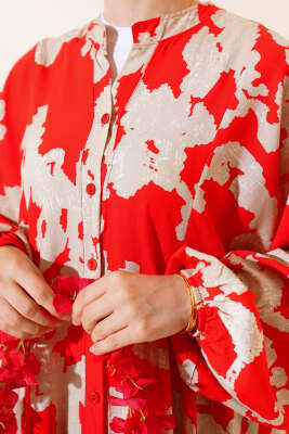 Yarasa Kol Desenli Kat Elbise Alizarin - Tesettür Elbise