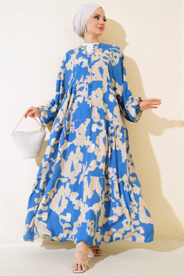 Yarasa Kol Desenli Kat Elbise Mavi - Elbise