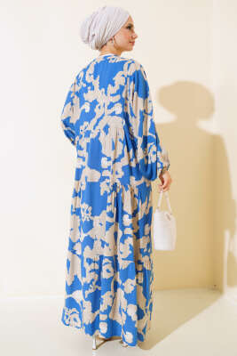 Yarasa Kol Desenli Kat Elbise Mavi - Tesettür Elbise
