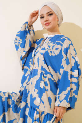 Yarasa Kol Desenli Kat Elbise Mavi - Tesettür Elbise