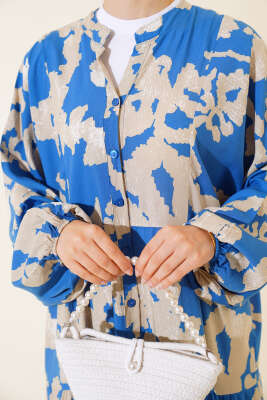 Yarasa Kol Desenli Kat Elbise Mavi - Tesettür Elbise