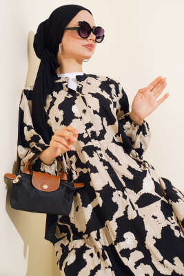 Yarasa Kol Desenli Kat Elbise Siyah - Tesettür Elbise