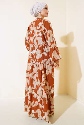 Yarasa Kol Desenli Kat Elbise Taba - Tesettür Elbise