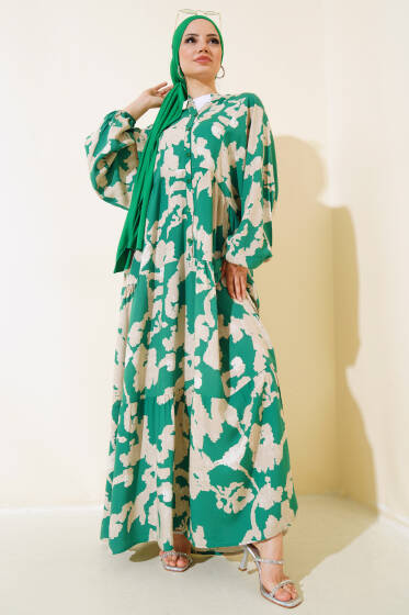 Yarasa Kol Desenli Kat Elbise Yeşil - Elbise