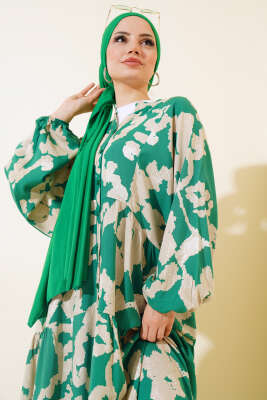 Yarasa Kol Desenli Kat Elbise Yeşil - Tesettür Elbise