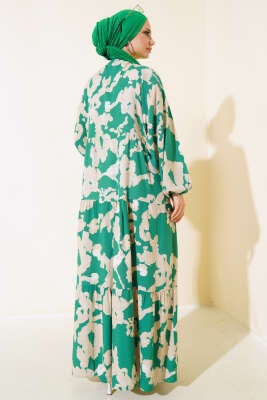 Yarasa Kol Desenli Kat Elbise Yeşil - Tesettür Elbise