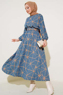 Yarasa Kol Desenli Kemerli Elbise İndigo 