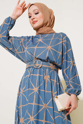 Yarasa Kol Desenli Kemerli Elbise İndigo - Elbise