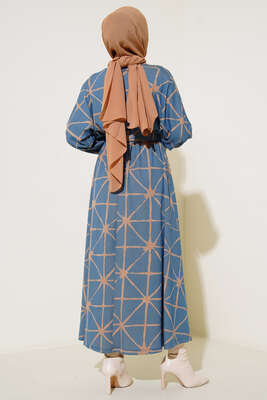 Yarasa Kol Desenli Kemerli Elbise İndigo - Elbise