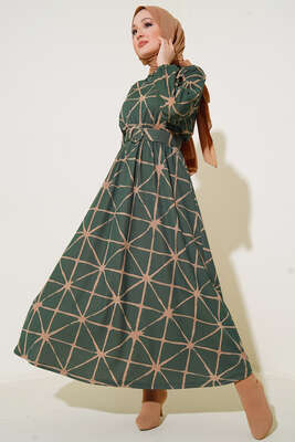Yarasa Kol Desenli Kemerli Elbise Zümrüt 