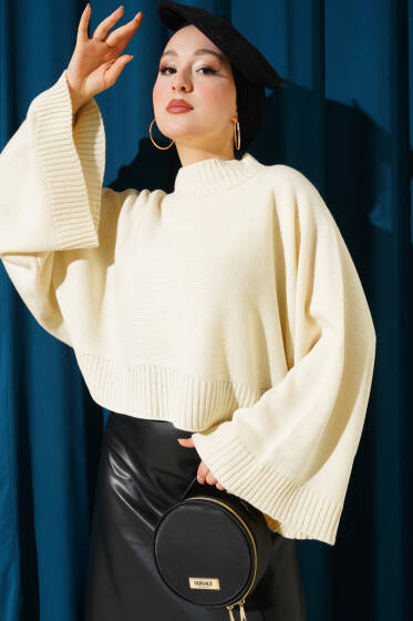 Yarasa Kol Dik Yaka Triko Kazak Bej - Triko Kazak