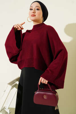 Yarasa Kol Dik Yaka Triko Kazak Bordo - HBS