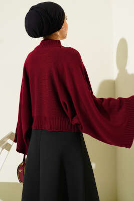 Yarasa Kol Dik Yaka Triko Kazak Bordo - Triko Kazak