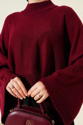 Yarasa Kol Dik Yaka Triko Kazak Bordo - Triko Kazak