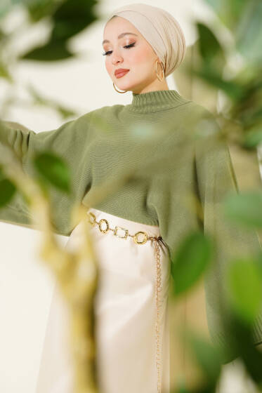 Yarasa Kol Dik Yaka Triko Kazak Çağla Yeşili - Triko Kazak