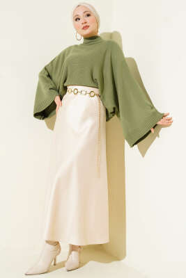 Yarasa Kol Dik Yaka Triko Kazak Çağla Yeşili - Triko Kazak