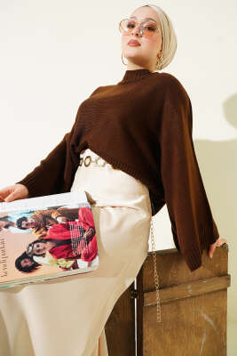 Yarasa Kol Dik Yaka Triko Kazak Kahve - HBS