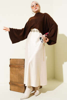 Yarasa Kol Dik Yaka Triko Kazak Kahve - Triko Kazak