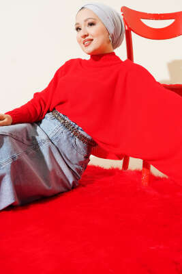 Yarasa Kol Dik Yaka Triko Kazak Kırmızı - HBS