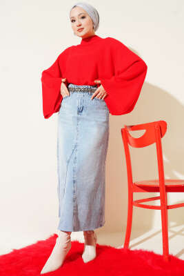 Yarasa Kol Dik Yaka Triko Kazak Kırmızı - Triko Kazak