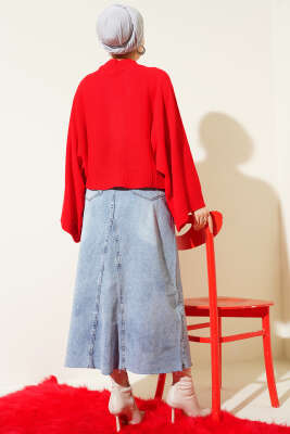 Yarasa Kol Dik Yaka Triko Kazak Kırmızı - Triko Kazak