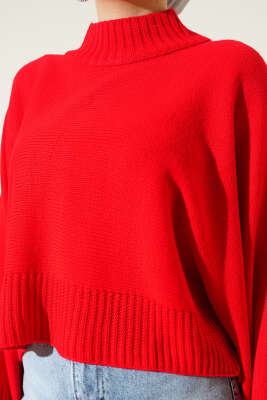 Yarasa Kol Dik Yaka Triko Kazak Kırmızı - Triko Kazak