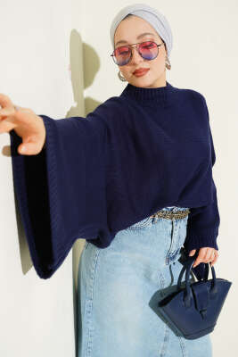 Yarasa Kol Dik Yaka Triko Kazak Lacivert - HBS