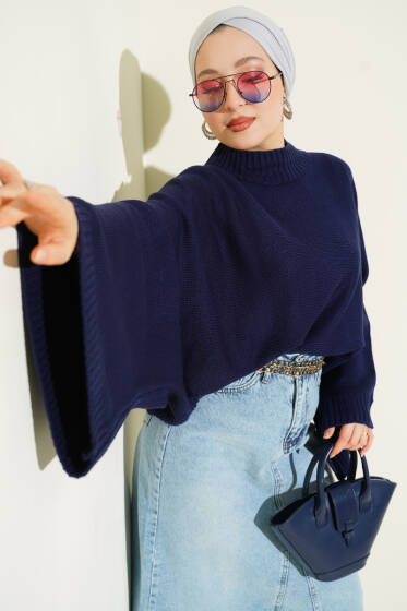 Yarasa Kol Dik Yaka Triko Kazak Lacivert - Triko Kazak