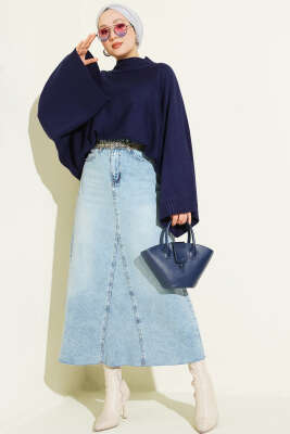 Yarasa Kol Dik Yaka Triko Kazak Lacivert - Triko Kazak