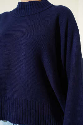 Yarasa Kol Dik Yaka Triko Kazak Lacivert - Triko Kazak