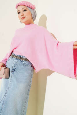 Yarasa Kol Dik Yaka Triko Kazak Pembe - HBS