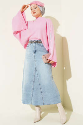 Yarasa Kol Dik Yaka Triko Kazak Pembe - Triko Kazak